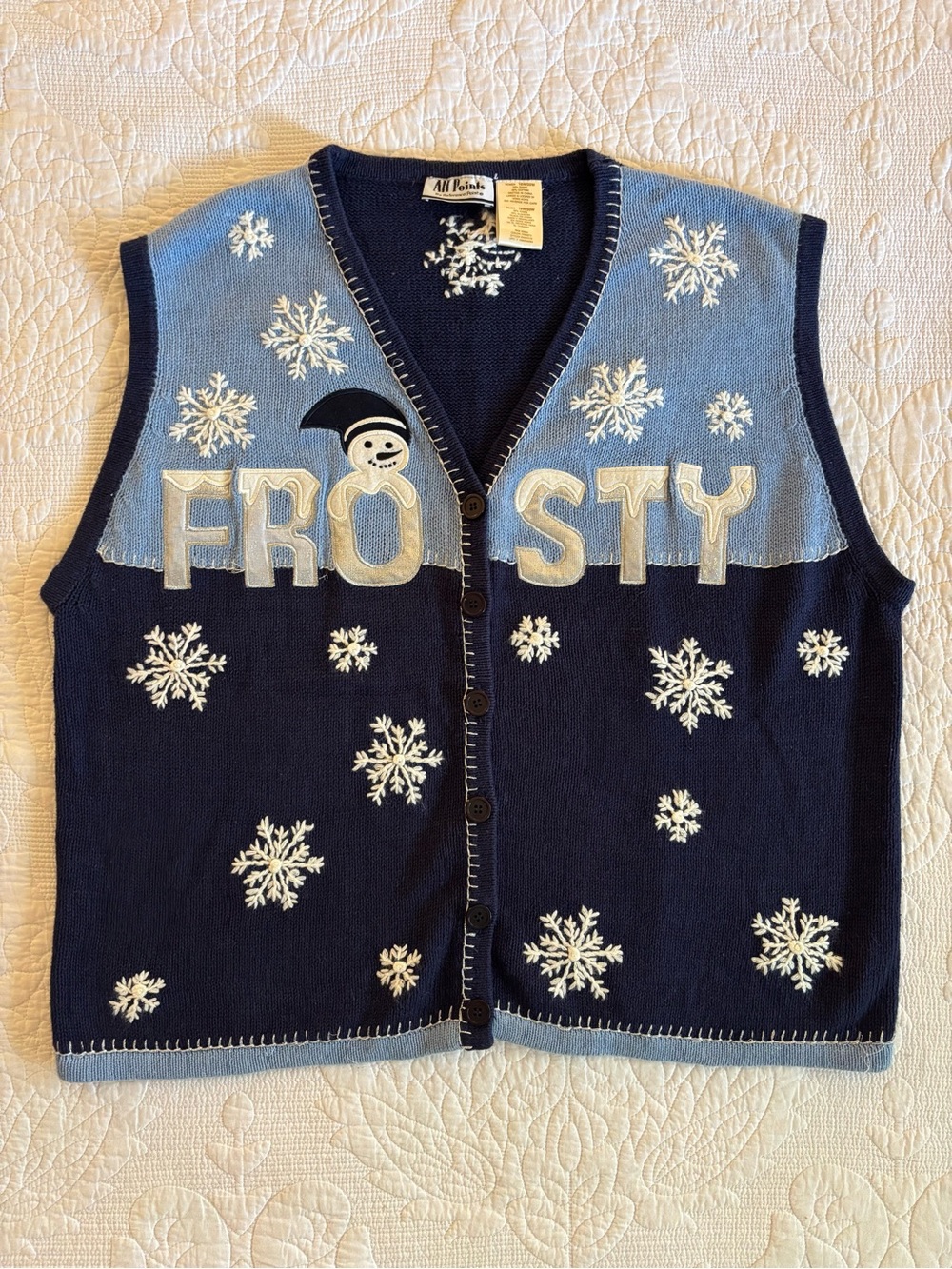 Vintage Frosty Snowman Embroidered Knit Vest - Blue Navy
